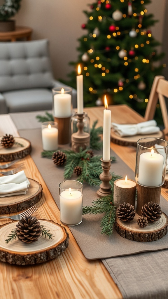 A Christmas table setting with wooden decorations, candles, and natural elements.